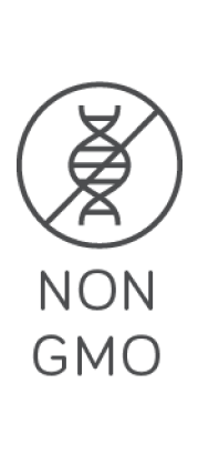 An icon with a strand of DNA with a circle around it and a slash through it, labeled: NON GMO to indicated that the Superfueled Greens powder includes zero genetically modified ingredients.